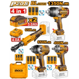 KIT COMBO A BATERIA P20S 3 LLAVES DE IMPACTO 3/4" 1350NM  + 1/2" 850NM +  1/2" 400NM + LLAVE CRIQUE 65NM 3/8" +  2 BAT 5