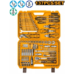 SET X137 PCS JUEGO HERRAMIENTAS COMBINADO C/LLAVES, DADOS, MARTILLO, DESTORN., LLAVES, PUNTAS Y ACCESORIOS + VALIJA INGC