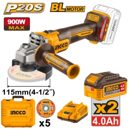 AMOLADORA ANGULAR A BATERIA 115MM 4 1/2" P20S 20V BRUSHLESS + 5 DISCOS + 2 BAT 4.0AH + CARGADOR + VALIJA INGCO CAGLI261