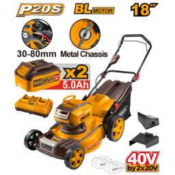 CORTA CESPED 18" A BATERIA P20S 20V + 2 BAT 5.0AH + CARGADOR DOBLE + ACCESORIOS 