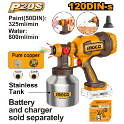 PISTOLA DE PINTAR A BATERIA 20V FLUJO 800ML/MIN TANQUE INOX. + ACCESORIOS, SIN BATERIA SIN CARGADOR INGCO CSGLI20041