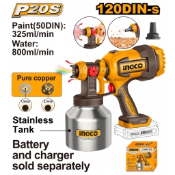 PISTOLA DE PINTAR A BATERIA 20V FLUJO 800ML/MIN TANQUE INOX. + ACCESORIOS, SIN BATERIA SIN CARGADOR INGCO CSGLI20041