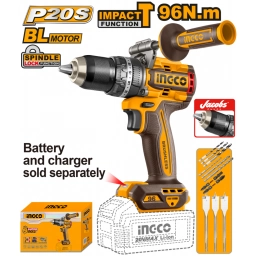 TALADRO ATORNILLADOR C/PERCUTOR A BATERIA BRUSHLESS 20V 96NM + ACCESORIOS, S/CARG S/BAT INGCO CIDLI209685