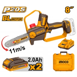 MOTOSIERRA A BATERIA P20S 20V 8" + 2 BATERIA 2.0AH + CARGADOR + ACCESORIOS + VALIJA INGCO CGSLI20882