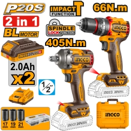 KIT COMBO A BATERIA 20V TALADRO ATORN. C/PERCUTOR 13MM 66NM + LLAVE DE IMPACTO 405NM 1/2" + 2 BAT 2.0AH + CARGADOR + ACC