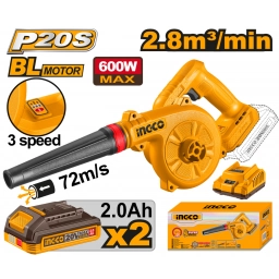SOPLADORA A BATERIA 20V 2.8M3/MIN + 2 BAT 2.0AH + CARGADOR INGCO CABLI20682