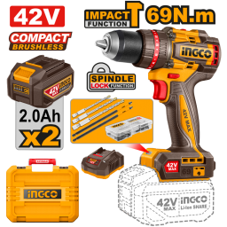 TALADRO ATORNILLADOR A BATERIA 42V 69NM + 2 BAT 2.0AH + CARGADOR + ACCESORIOS + VALIJA INGCO CIDLI426982