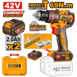 TALADRO ATORNILLADOR A BATERIA 42V 69NM + 2 BAT 2.0AH + CARGADOR + ACCESORIOS + VALIJA INGCO CIDLI426982