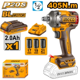 LLAVE DE IMPACTO A BATERIA 20V 405NM 1/2" + BAT 2.0AH + CARGADOR + 2 DADOS 17 19 21MM INGCO CIWLI20455
