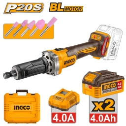 AMOLADORA RECTA A BATERIA 20V 6MM + 5 PUNTAS + 2 BAT 4.0AH + CARGADOR + VALIJA INGCO CDGLI20012