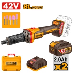 AMOLADORA RECTA A BATERIA 42V 6MM + 5 PUNTAS + 2 BAT 2.0AH + CARGADOR + VALIJA INGCO CDGLI42012