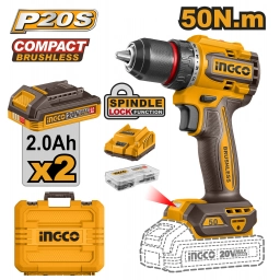 TALADRO ATORNILLADOR A BATERIA 20V 50NM CON 2 BAT 2.0AH + CARGADOR + ACCESORIOS + VALIJA INGCO CDLI205062