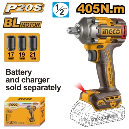 LLAVE DE IMPACTO A BATERIA 20V 405NM 12 + 3 DADOS 17, 19, 21 SIN BATERIA SIN CARGADOR INGCO CIWLI20451