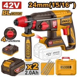 ROTOMARTILLO A BATERIA 42V 24MM  SDS PLUS 2.4J + 3 MECHAS + 1 CINCEL + 2 BAT 2.0AH + CARGADOR + VALIJA INGCO CRHLI422482