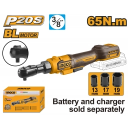 LLAVE CRIQUE A BATERIA 20V 65NM 38 + 3 DADOS 13 17 19MM SIN BATERIA SIN CARGADOR INGCO CDRLI206521