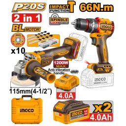 KIT COMBO A BATERIA 20V AMOLADORA ANGULAR 115MM + TALADRO ATORN. C/PERCUTOR 13MM 66NM + 2 BAT 4.0AH + CARGADOR + ACCESOR
