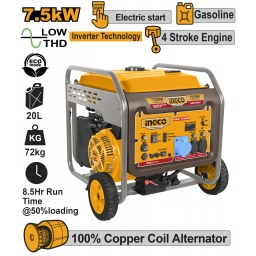 GENERADOR A GASOLINA INVERTER 7.5KW 220V 50HZ C/DISPLAY DIGITAL, MODO ECO Y ARRANQUE MANUAL / ELECTRICO INGCO GEIF75001
