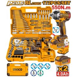 KIT SET 172 HERRAMIENTAS COMBINADAS + LLAVE DE IMPACTO A BATERIA 550NM 20V + 2 BAT 4.0AH + CARGADOR + VALIJA INGCO HKTHP
