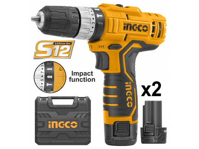 TALADRO ATORNILLADOR PERCUTOR S12 12VOLT VALIJA + 2 BATERIAS CIDLI1232 INGCO 20NM