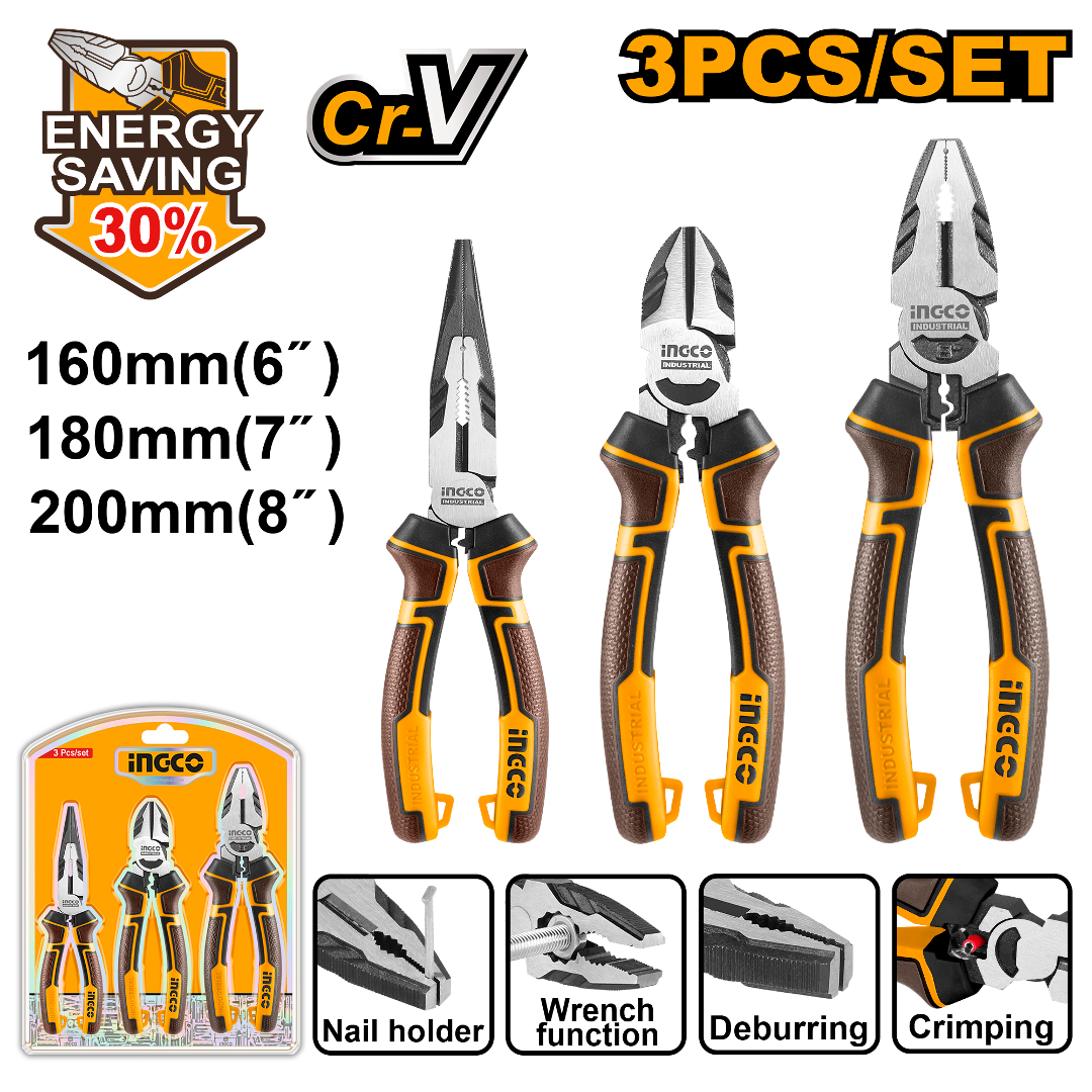 JUEGO 3 PINZAS 8&#34; 7&#34; 6&#34; UNIVERSAL ALICATE PINZA PTA FINA INGCO INDUSTRIAL HK