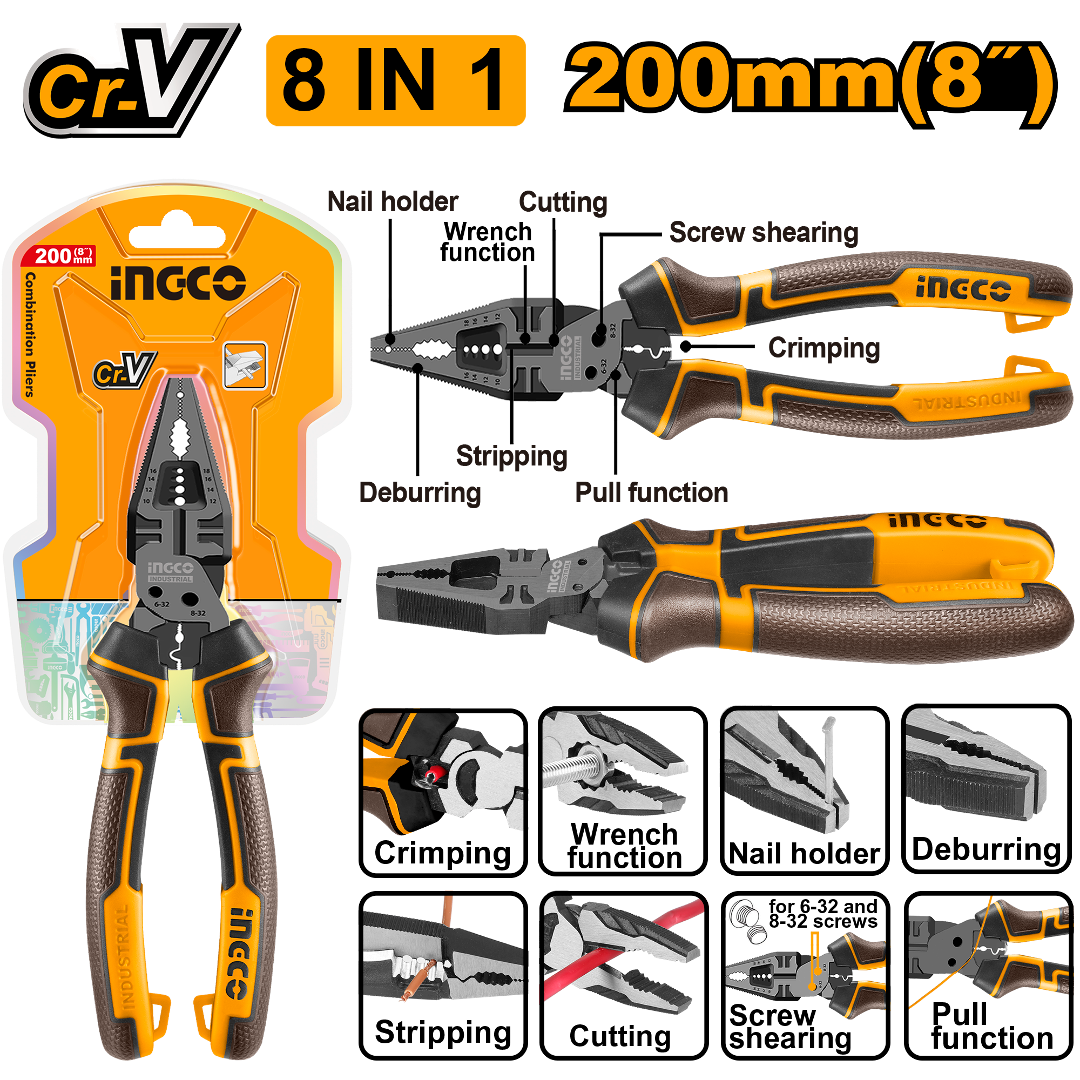 PINZA UNIVERSAL 8&#34; 200MM CR-V MULTIFUNCION 8 EN 1 INGCO HMFCP28200